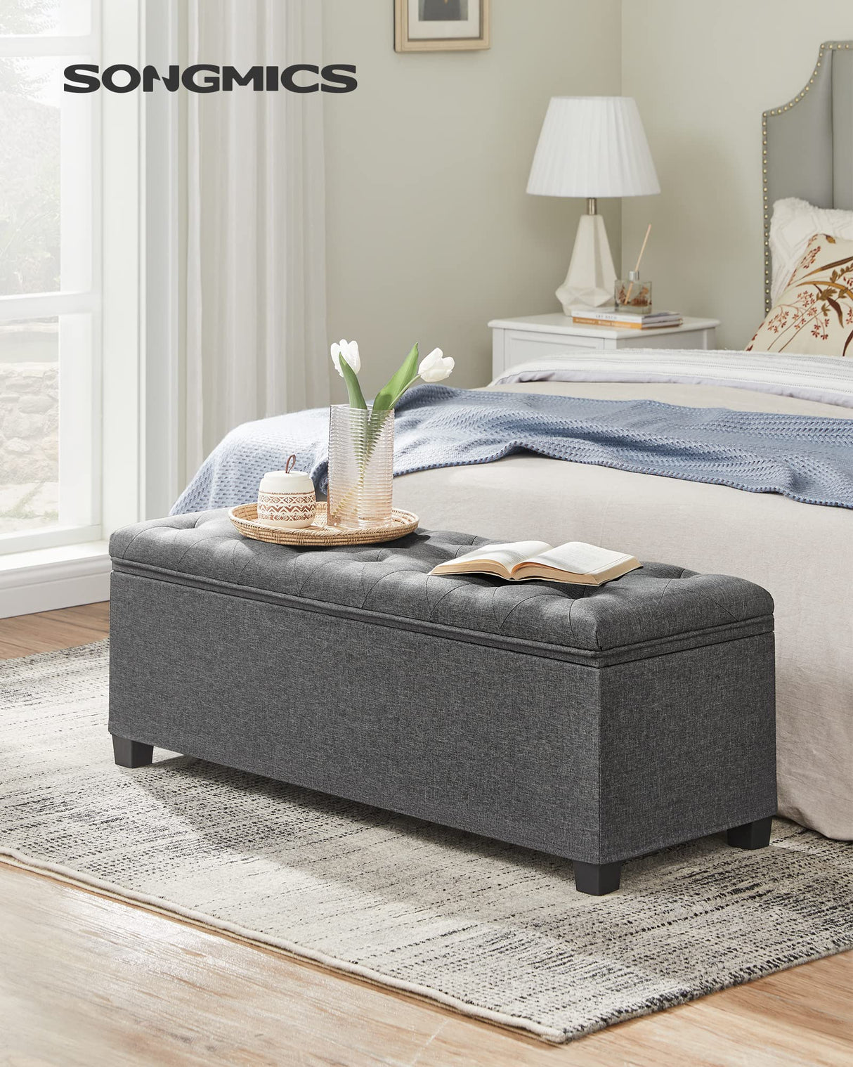 SONGMICS Storage Ottoman Bench, Foot Rest with Legs, 15.7 x 43.3 x 15.7 Inches, End of Bed Bench, Storage Chest, Load up to 660 lb, for Living Room, Bedroom, Entryway, Dark Gray ULSF088G01 SONGMICS