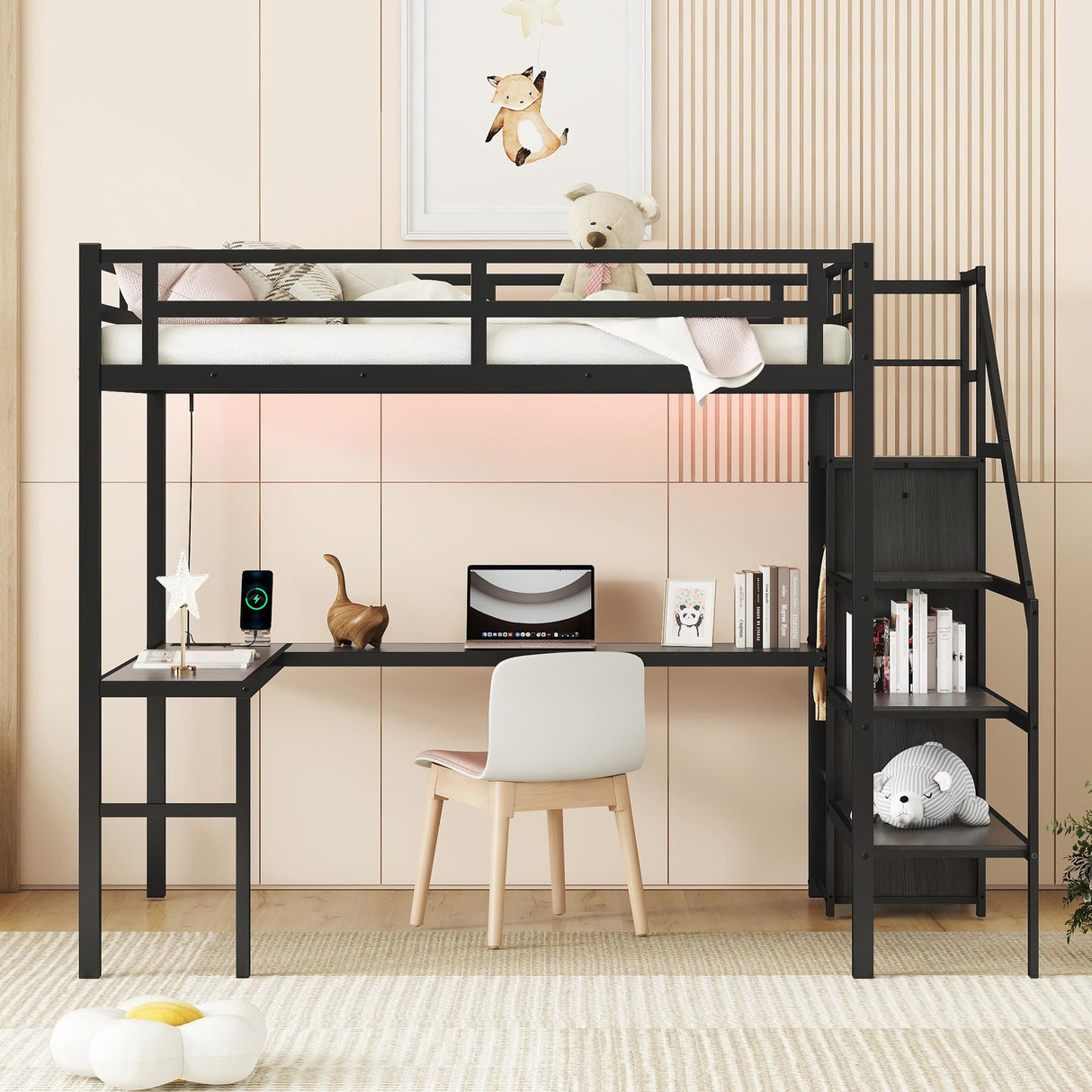 GM Ultra Loft Bed with Desk Underneath, Full XL Size Loft Bed with Stairs and Storage, Metal Loft Bed with Wardrobe and Adjustable Shelf, LED Light & USB Charging Station for Kids Teens Adults, Black GM Ultra