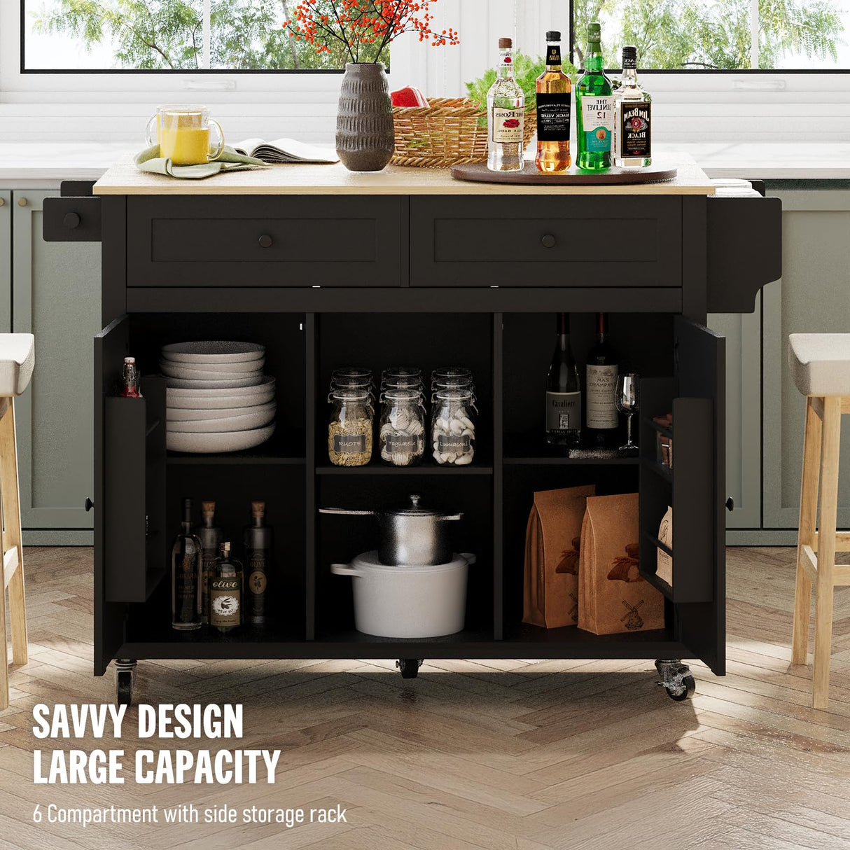 Coolove Kitchen Island with Storage on Wheels, 53" Large Rolling Kitchen Island with Drop Leaf, Mobile Kitchen Islands Cart with 2 Drawers, Bamboo Countertop Islands Table with Towel Spice Rack, Black Coolove