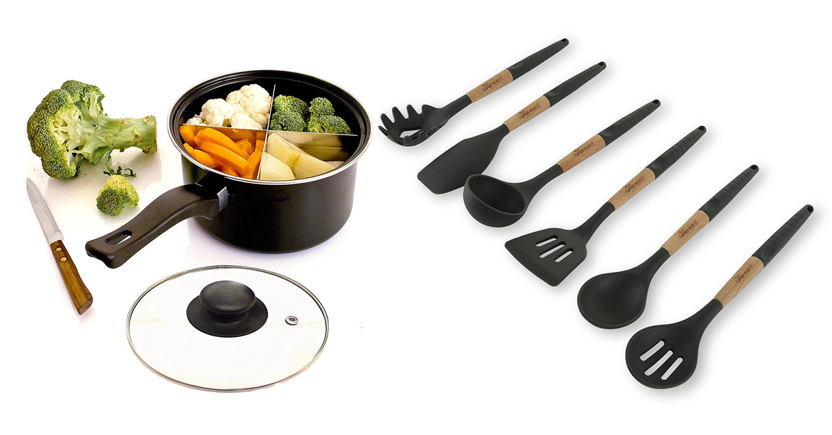 Cookward Silicone Cooking Utensils Set (6 pcs) Natural Wood Kitchen Utensils – Eco Friendly & BPA Free, Non-Scratch & Non-Stick Easy Grip -Black cookward