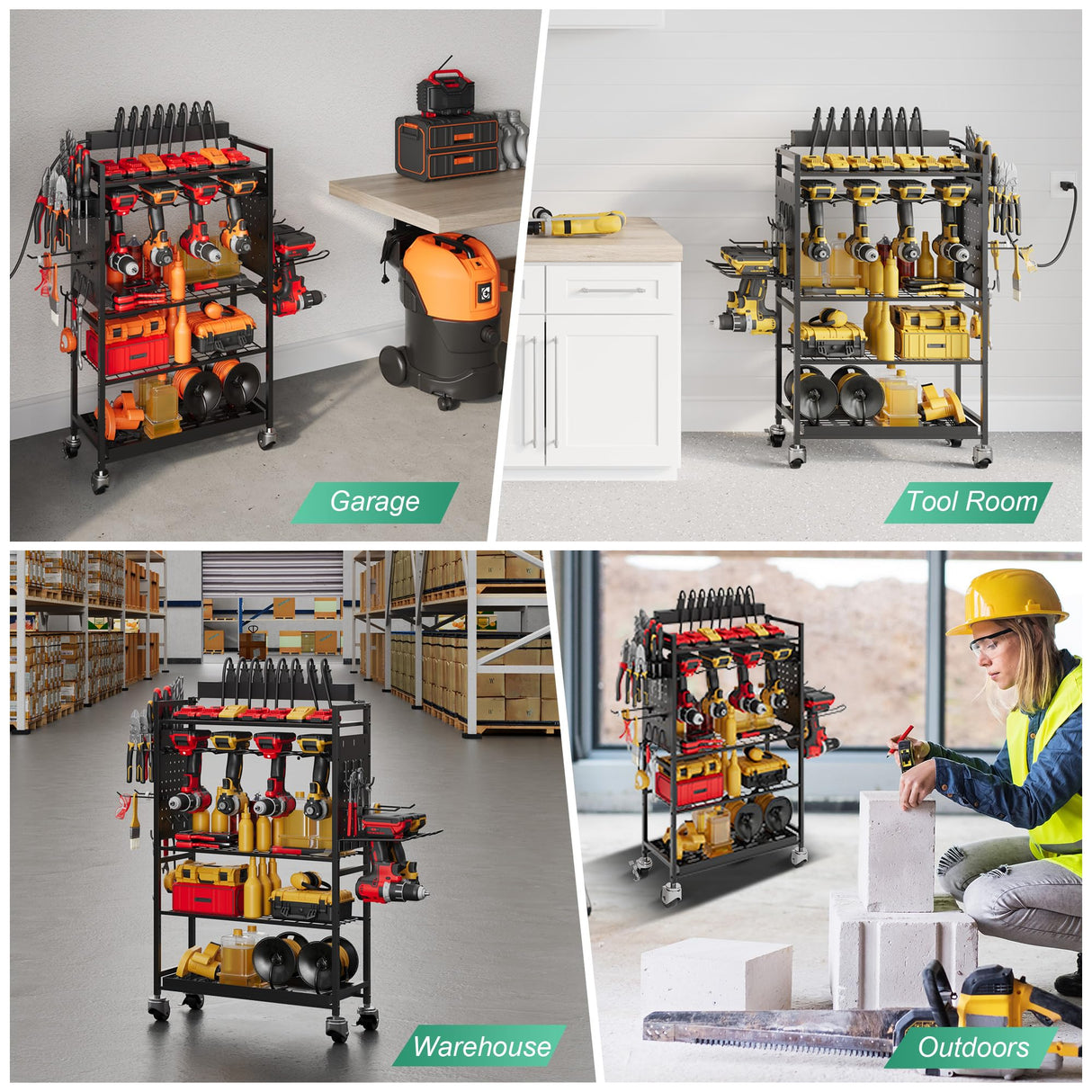 Power Tool Organizer Cart with Charging Station, Garage Rolling Storage with Drill Holder, Utility Rack for Cordless Tools, Battery & Screwdriver Shelf on Wheels, Tool Chest,Gifts for Dad Husband Sttoraboks