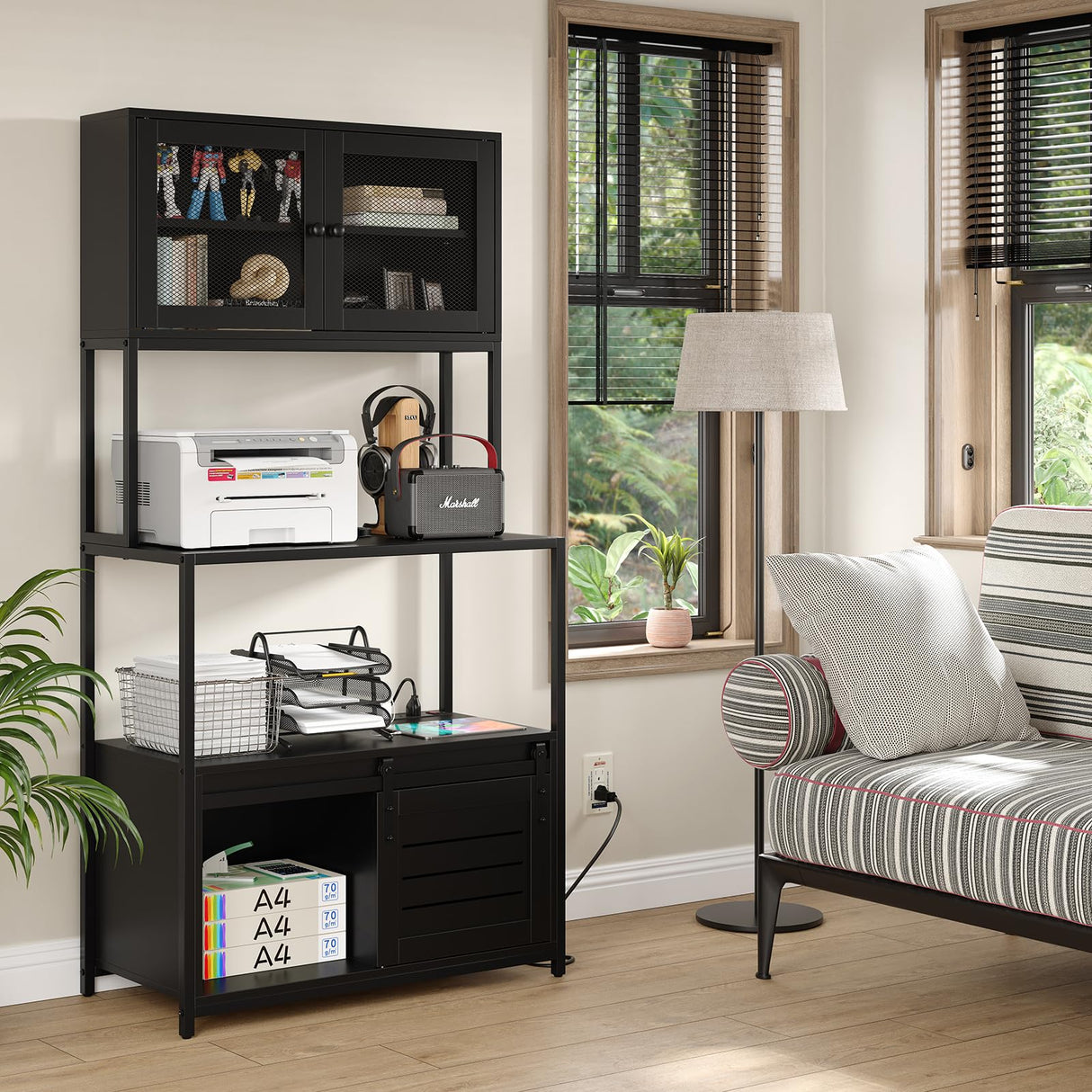 Furniouse 6-Tier Kitchen Bakers Rack with Power Outlet, Industrial Microwave Oven Stand with Shelves, Kitchen Utility Storage Shelf with Cabinet, Standing Kitchen Storage Rack (Black) Furniouse