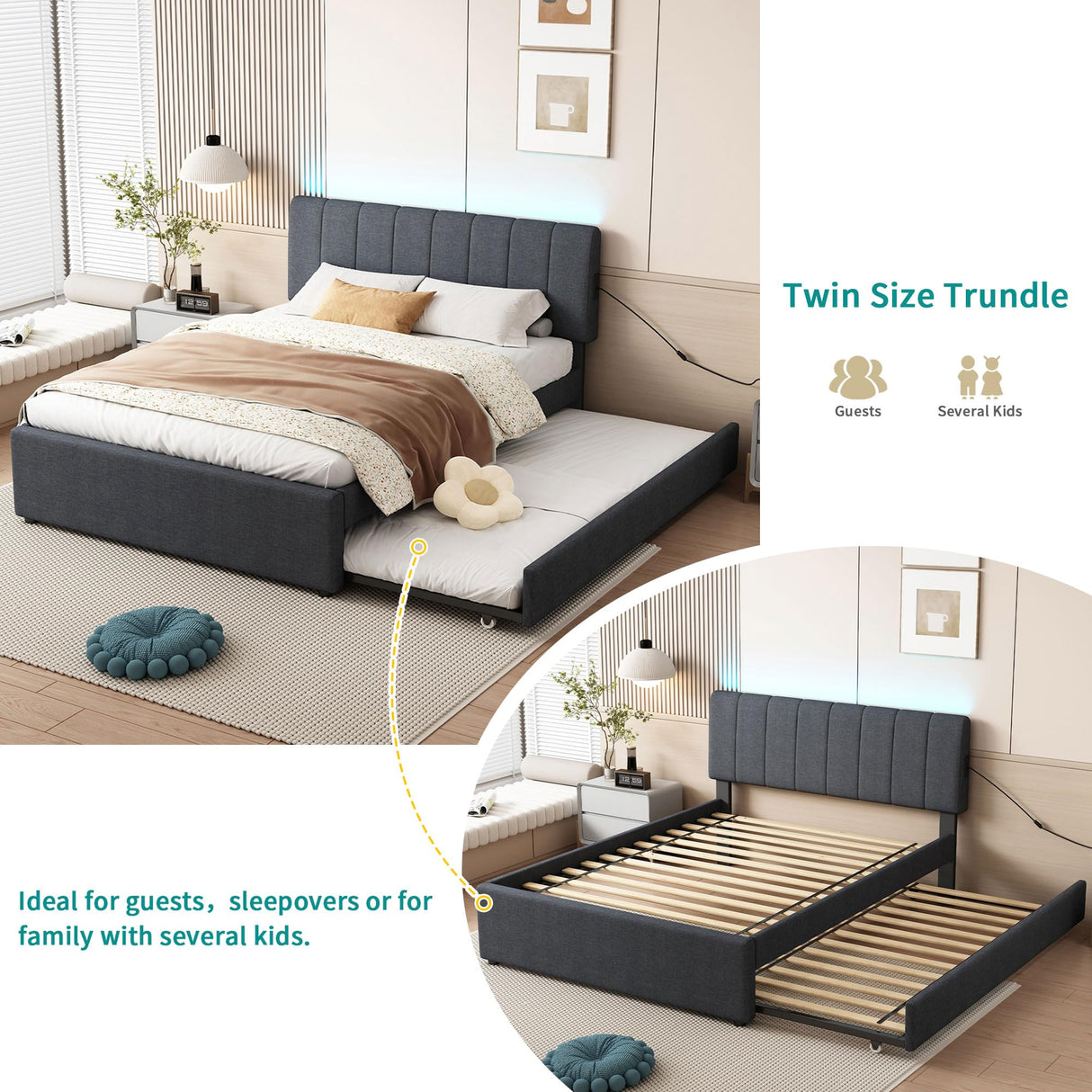 Ball & Cast Full Size Upholstered Platform Bed with Twin Size Trundle & USB Port,Linen Tufted Bed Frame W/Remote Control LED Light & Stripe Headboard,Wood Slats Support for Bedroom,Apartment,Dark Gray Ball & Cast