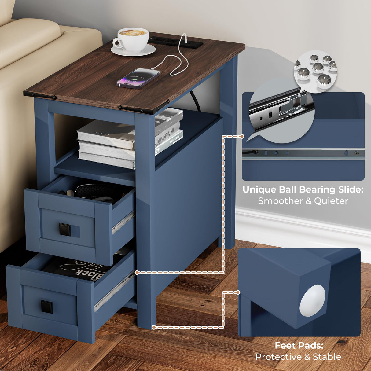 VVFLU Farmhouse End Table with Charging Station and 2 Storage Drawers, Blue Wood Nightstand Narrow, Skinny Side Table Rustic, Slim Bedside Table, Open Shelf, Small for Bedroom, Living Room, Sofa VVFLU