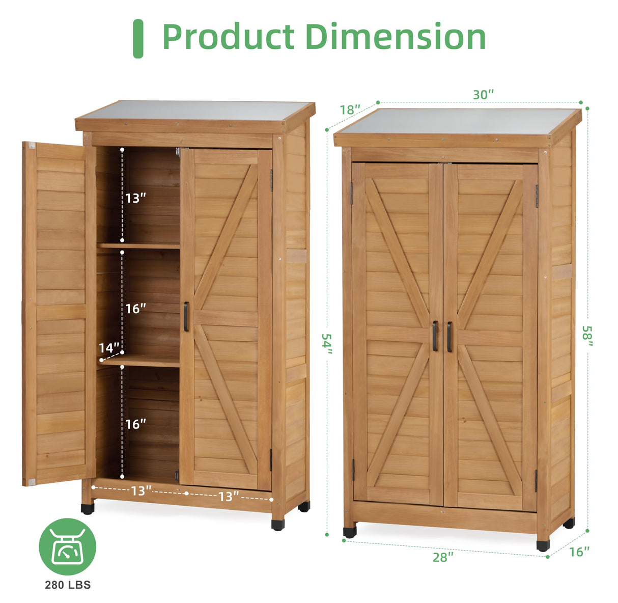 58''x30''x18'' Outdoor Wooden Storage Shed with Metal Top Tall Vertical Tool Cabinet for Backyard Garden Patio Lawn (Gold) Mederlo