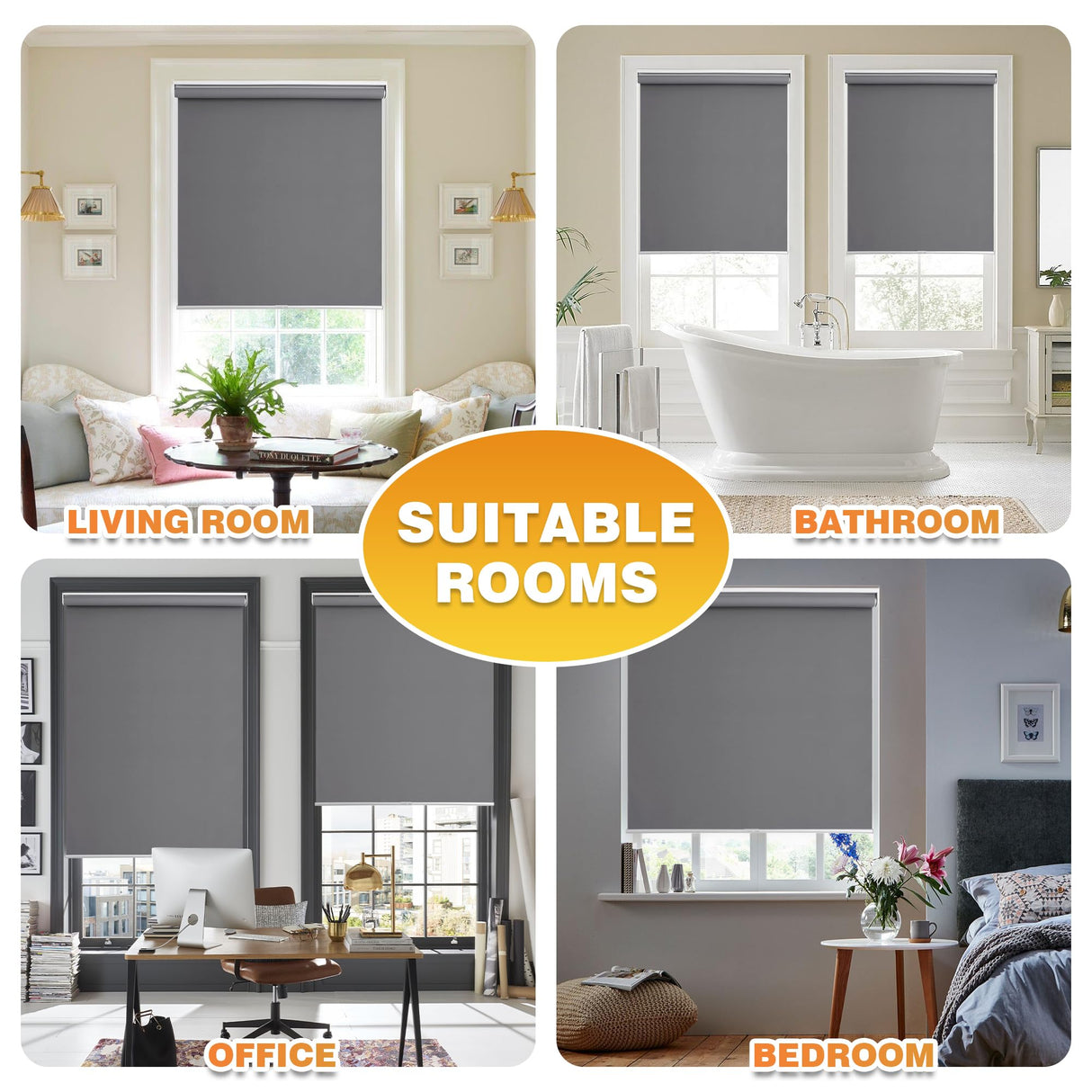 Blackout Roller Shades for Windows, Cordless Free-Stop Blinds with Thermal Insulated,UV Protection Fabric. Pull Down Room Darkening Door Blinds for Home, Office Easy to Install(23" W x 72" H,Grey) BWEROCIQ