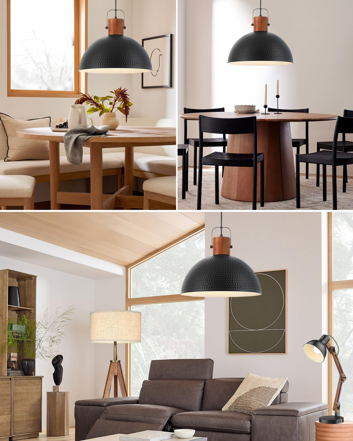 ELYONA 2 Pack Large Pendant Light Fixtures 16 Inch Hammered Metal Ash Wood Dome Ceiling Hanging Lamp, Industrial Kitchen Island Pendant Lighting for Farmhouse, Dining Room,Living Room, Black ELYONA