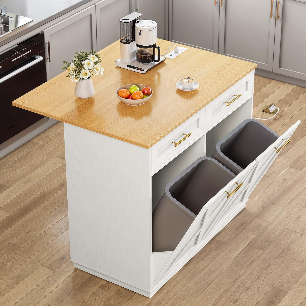 YITAHOME Double Tilt Out Trash Cabinet 10 Gallon with Drop Leaf & Power Outlet, Rolling Kitchen Island Trash Can Recycling Cabinet w Drawer, Pet Proof Garbage Bin Storage for Kitchen, White Oak YITAHOME
