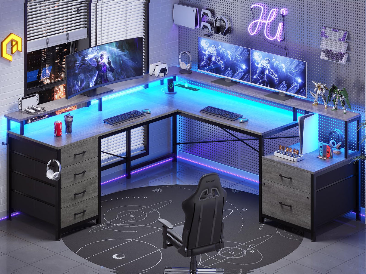 SEDETA L Shaped Desk with 6 Drawer, 108" Home Office Desk with File Drawer & Power Outlet, Corner Computer Desk with Monitor Shelf, Two Person Desk, Gaming Desk with Led Lights, Grey SEDETA