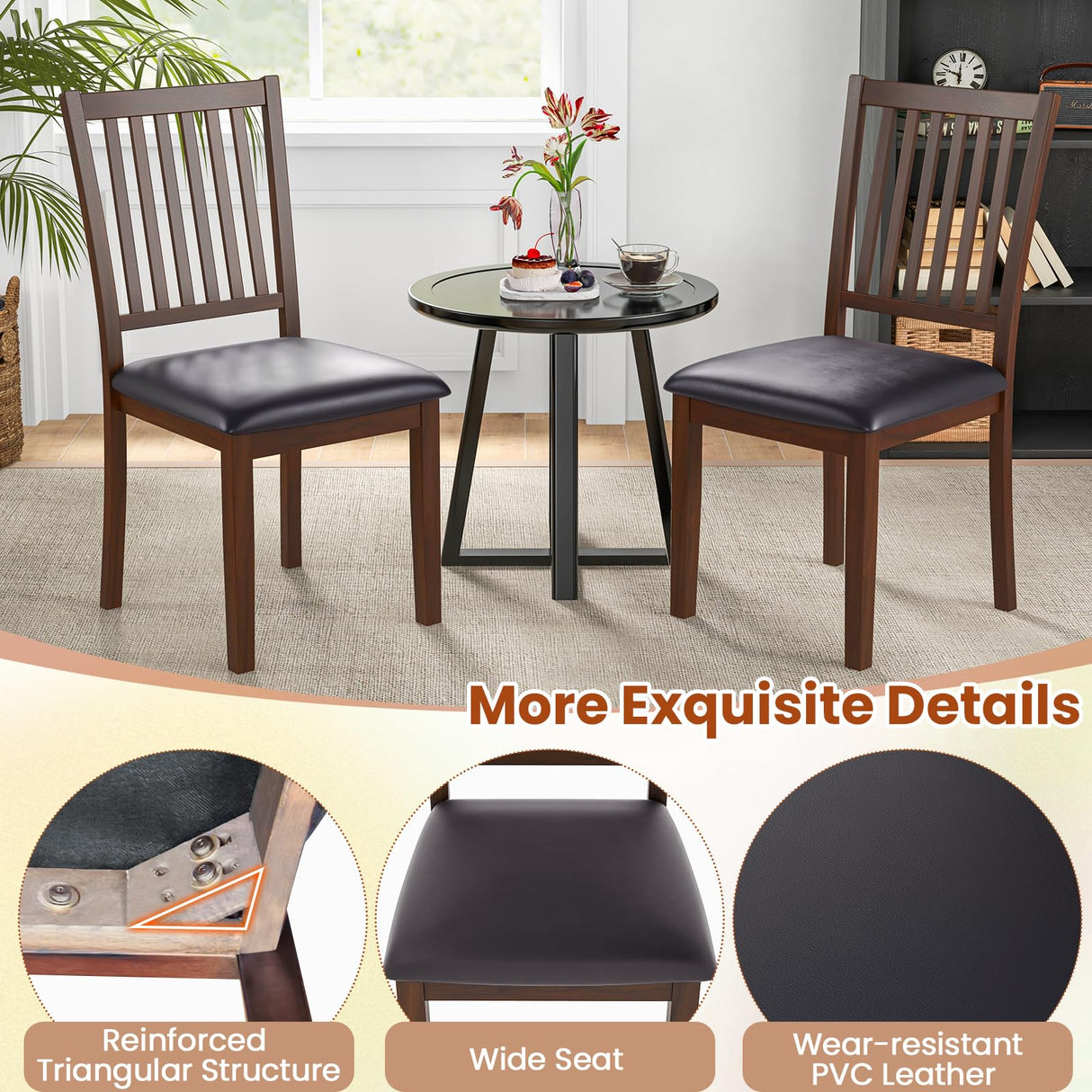 Giantex Wooden Dining Chairs Set of 2, Upholstered Kitchen Chairs w/Slat Back, Wear-Resistant PVC Leather, Rubber Wood Legs, Farmhouse Dining Side Chairs for Dining Room, Living Room, Espresso Giantex