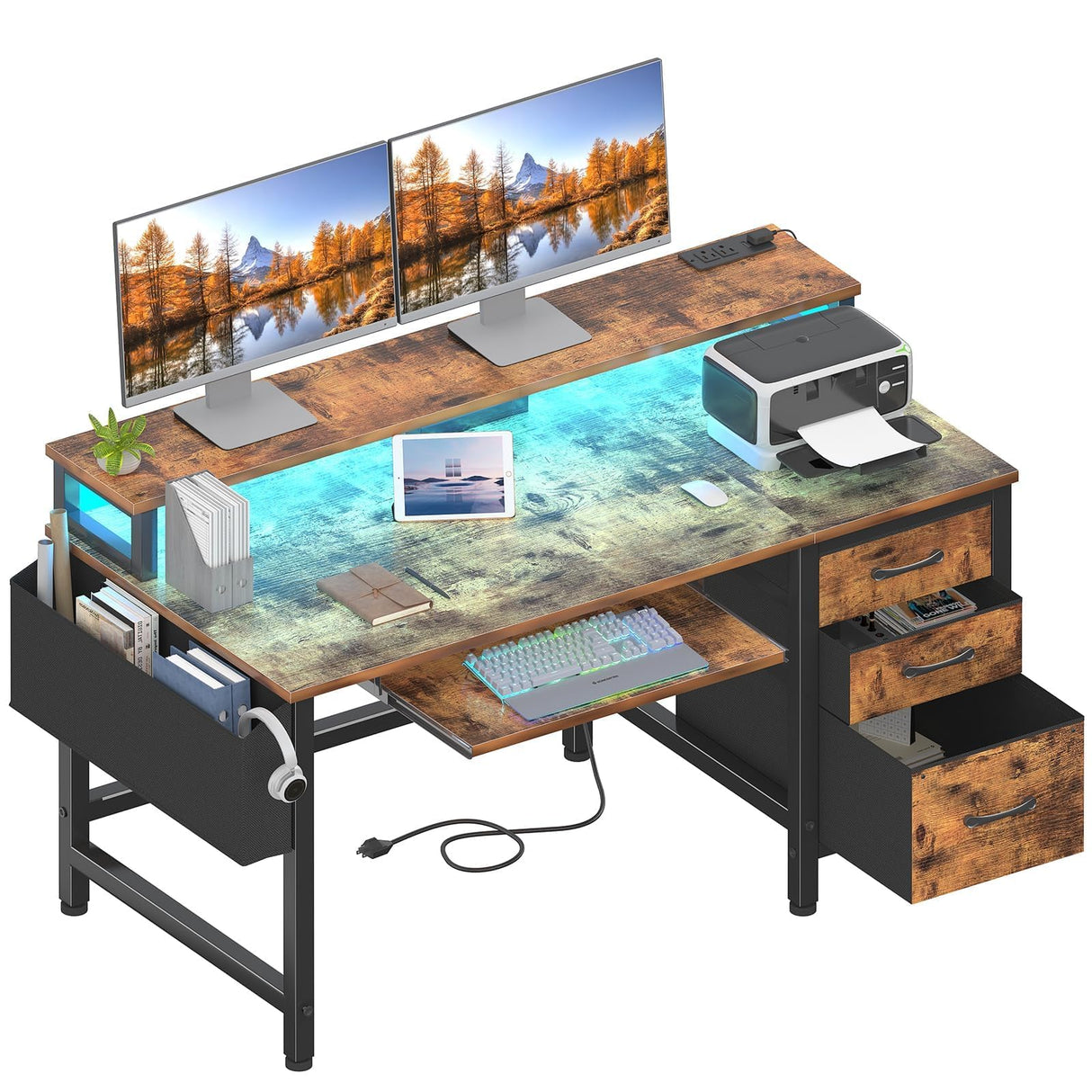 Lufeiya Computer Desk with File Drawers Cabinet, 47 Inch Home Office Desks with Keyboard Tray, Gaming Desk with LED Lights and Power Outlets, Writing Table PC Desks with Monitor Stand, Rustic Brown Lufeiya