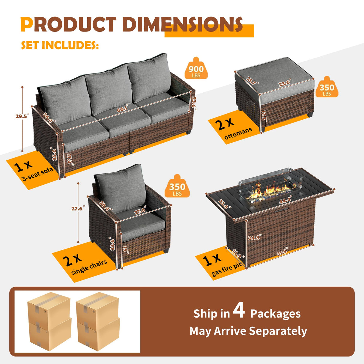 UDPATIO Outdoor Patio Furniture Set with 44" Fire Pit Table, 6 Pieces Sectional Conversation Sets, All-Weather Wicker Rattan Sofa Ottoman with 4" Thick Cushion for Garden Backyard Deck, Dark Grey UDPATIO