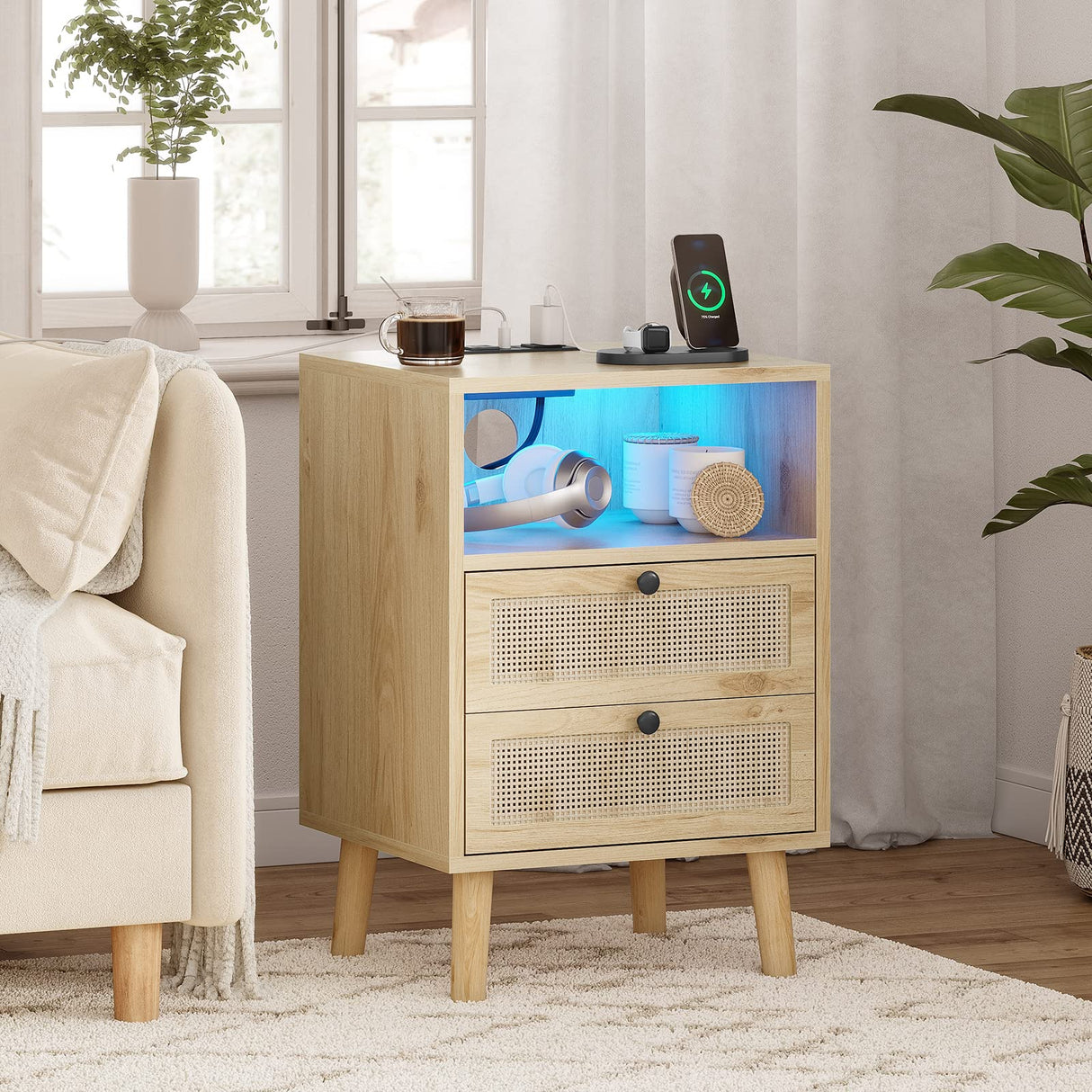 AOGLLATI Rattan Nightstand with Charging Station and LED Lights, LED Night Stand for Bedroom, Wood End Table with USB Ports, Boho Bedside Table with 2 Drawers, Natural AOGLLATI