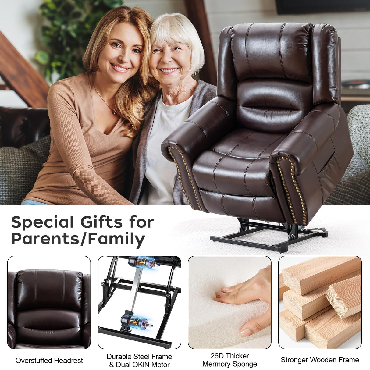 SELLERWE Lay Flat Dual Motor Power Lift Recliner Chair with Massage and Heat for Elderly, Breathable Leather Overstuffed Recliner Chairs, Infinite Position Lift Chairs for Sleeping,1PC,Brown SELLERWE