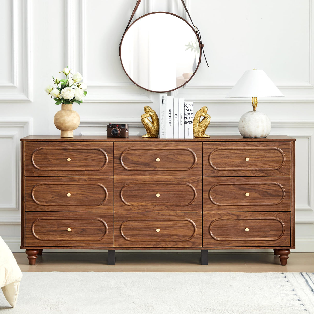 ORRD 9 Drawer Fluted Dresser for Bedroom, Mid Century Modern Chest of Drawers, Wood Storage Small Dresser Organizer for Bedroom Living Room Hallway Closet, Walnut ORRD