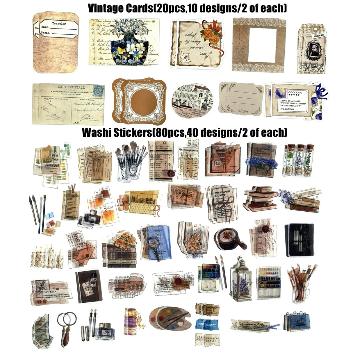 260PCS Vintage Journaling Scrapbooking Supplies Scrapbook Sticker Paper Ephemera Pack for Bullet Junk Journal Planners Collage Craft Notebooks Album (Pen Ink and Letter) Esweny