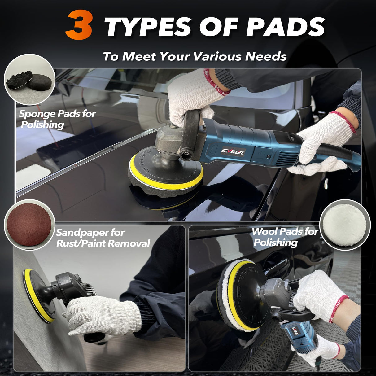 GEVEELIFE Buffer Polisher, 6 Inch/7 Inch 1600W Rotary Car Buffer Polisher Waxer, 7 Variable Speed 1000-3500 RPM, Detachable Handle for Car, Boat Sanding, Polishing, Waxing GEVEELIFE