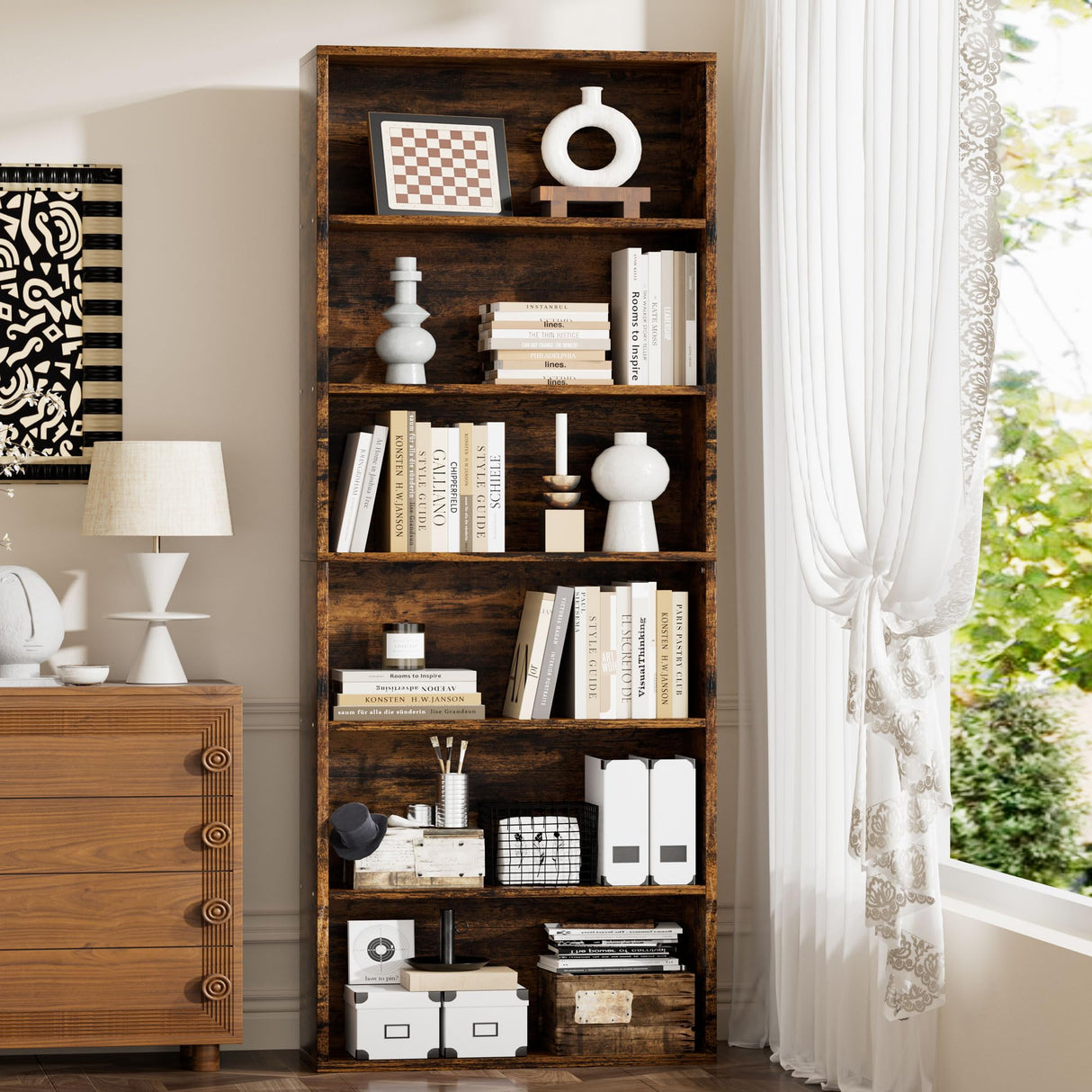 JAMFLY Open Bookshelf and Bookcase, 6 Shelf Storage Tall Bookcase for Bedroom, Living Room and Office, Vintage Brown JAMFLY