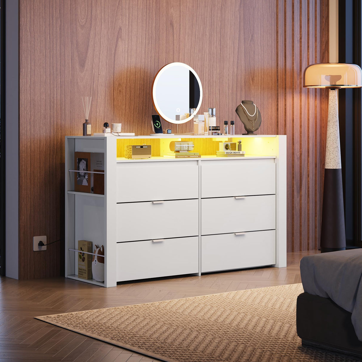 WLIVE 6 Drawer Led Dresser for Bedroom, 50.79'' White Wood Dresser Storage Organizer with Power Outlets for 55'' TV, Dressers with Open Shelves, Hanging Rack, Chest of Drawers for Closet, Living Room WLIVE