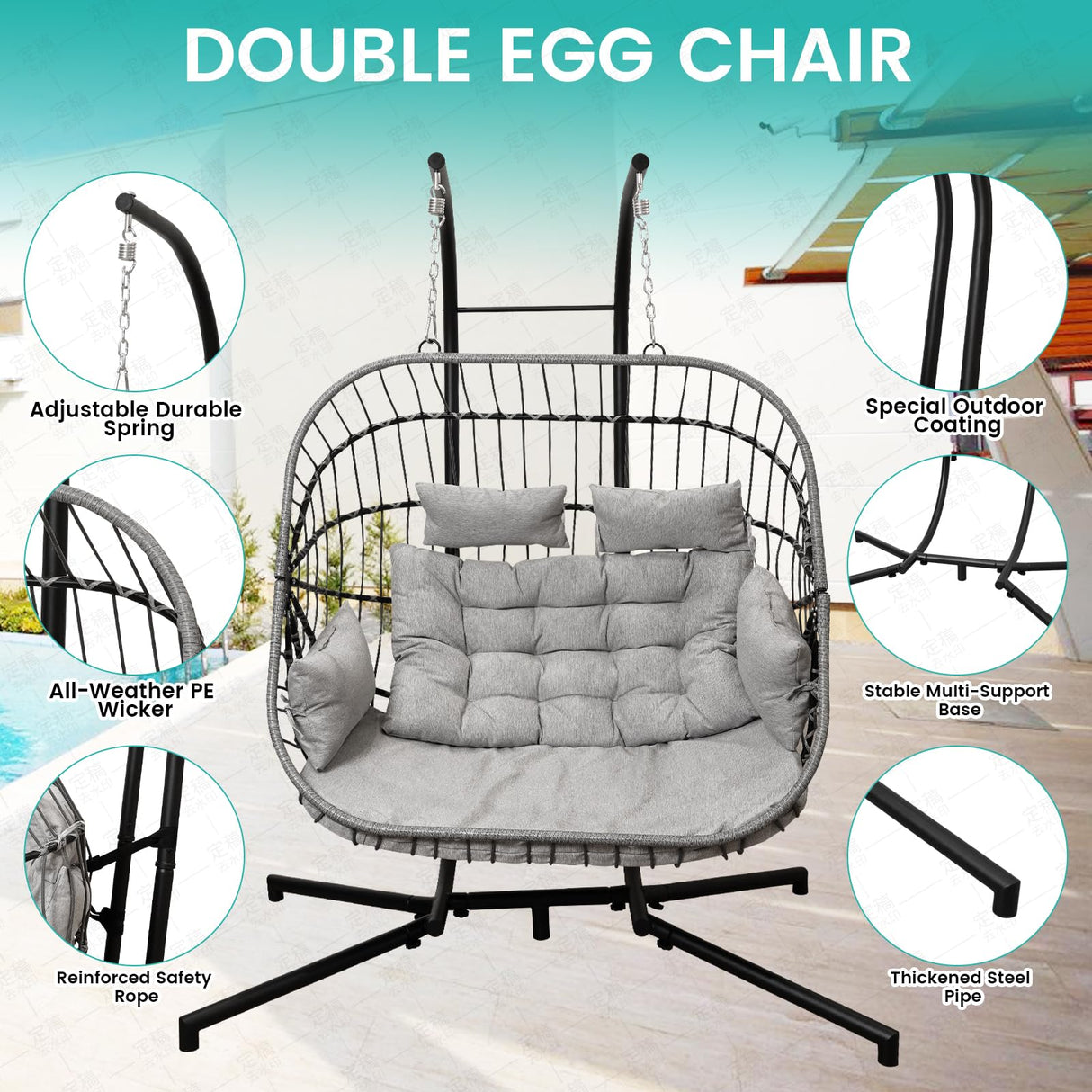Double Egg Swing Chair with Stand Patio Rattan Wicker Hammock Chairs Outdoor Indoor Egg Swing Chair with Cushion Headrest 550 Lbs Capacity for Bedroom Balcony Garden Porch Backyard, Grey Olaterior