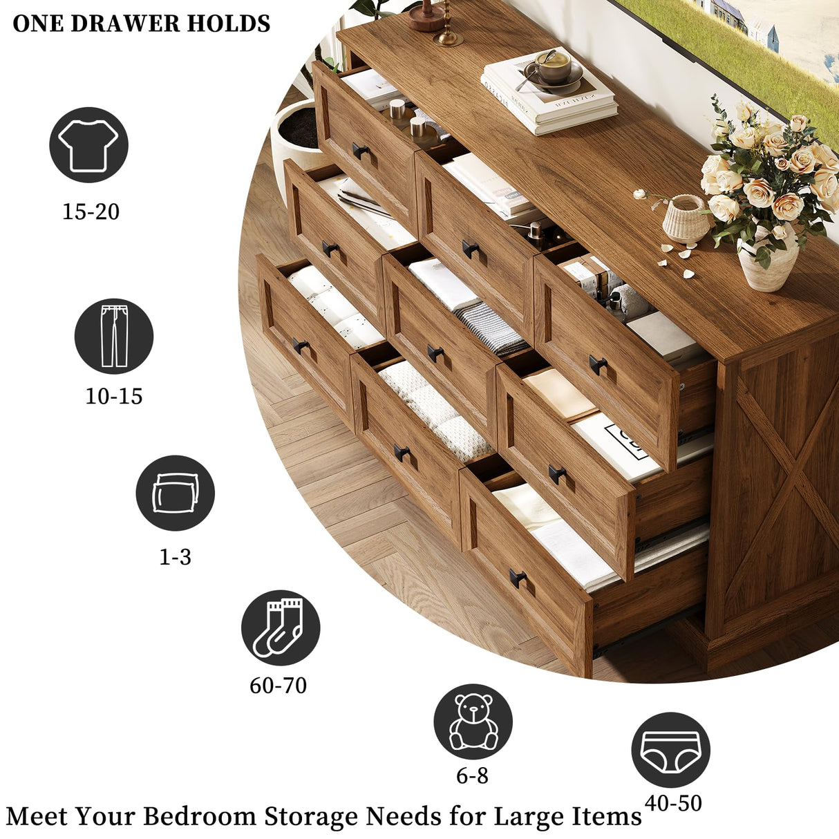 FFBCFDK Farmhouse 9 Drawers Dresser Chests for Bedroom, 9 Drawers TV Stand, Long Wood Dressers Organizer for Closet, Modern Storage Organizer Cabinet for Bedroom, Hallway & Entryway, Natural Oak FFBCFDK