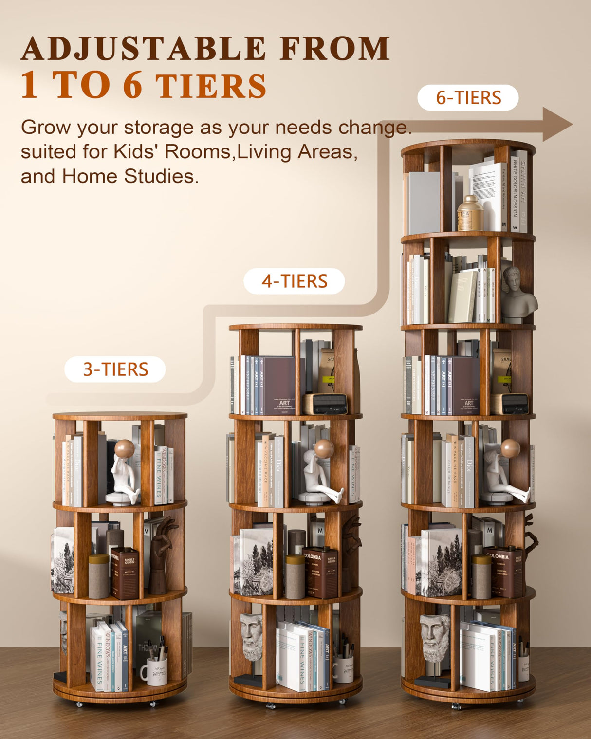 4-Tier Solid Wood Rotating Bookshelf on Wheels, 360° Spinning Book Shelf Tower, Round Revolving Bookcase Organizer, Rolling Bookshelves for Small Spaces, Corner, Bedroom, Kids Room, Office, Walnut IUNVR