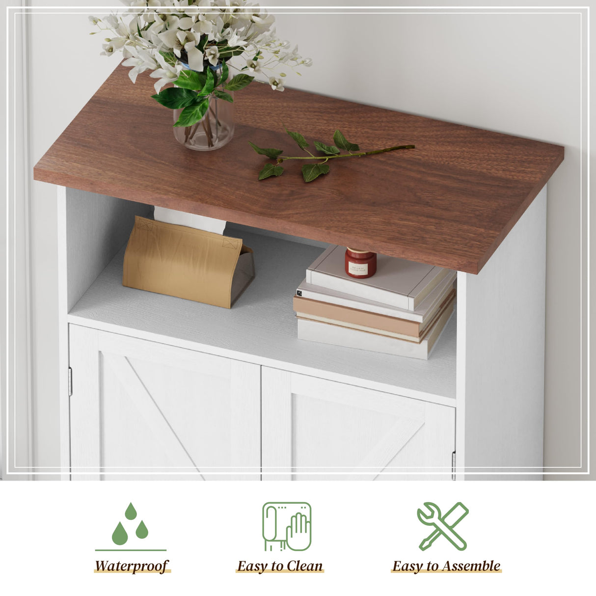 Smuxee Freestanding Cabinet Organizer, Farmhouse Style with Barn Door and Adjustable Shelf, White, for Bathroom, Kitchen, Living Room Smuxee