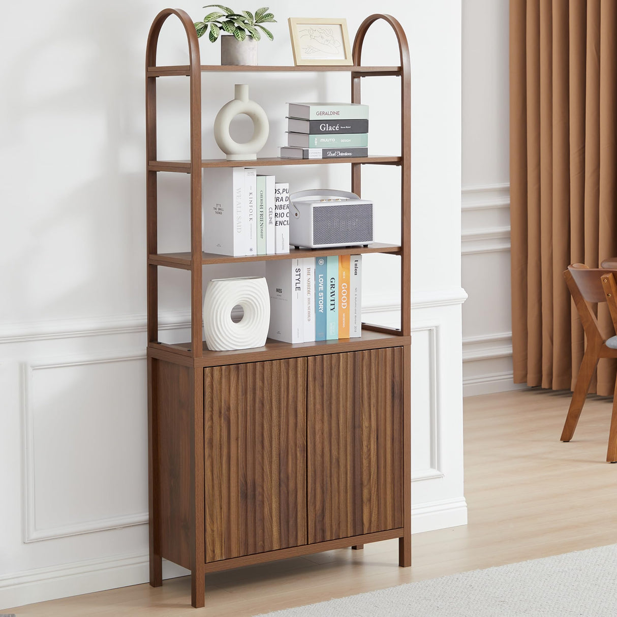 71” Tall Arched Bookshelf Storage with Fluted Doors, Mid Century Modern 6 Tier Bookshelves, Freestanding Bookcase Cabinet with Open Display Storage Shelf for Living Room Home Office Bedroom, Walnut XUZENEST