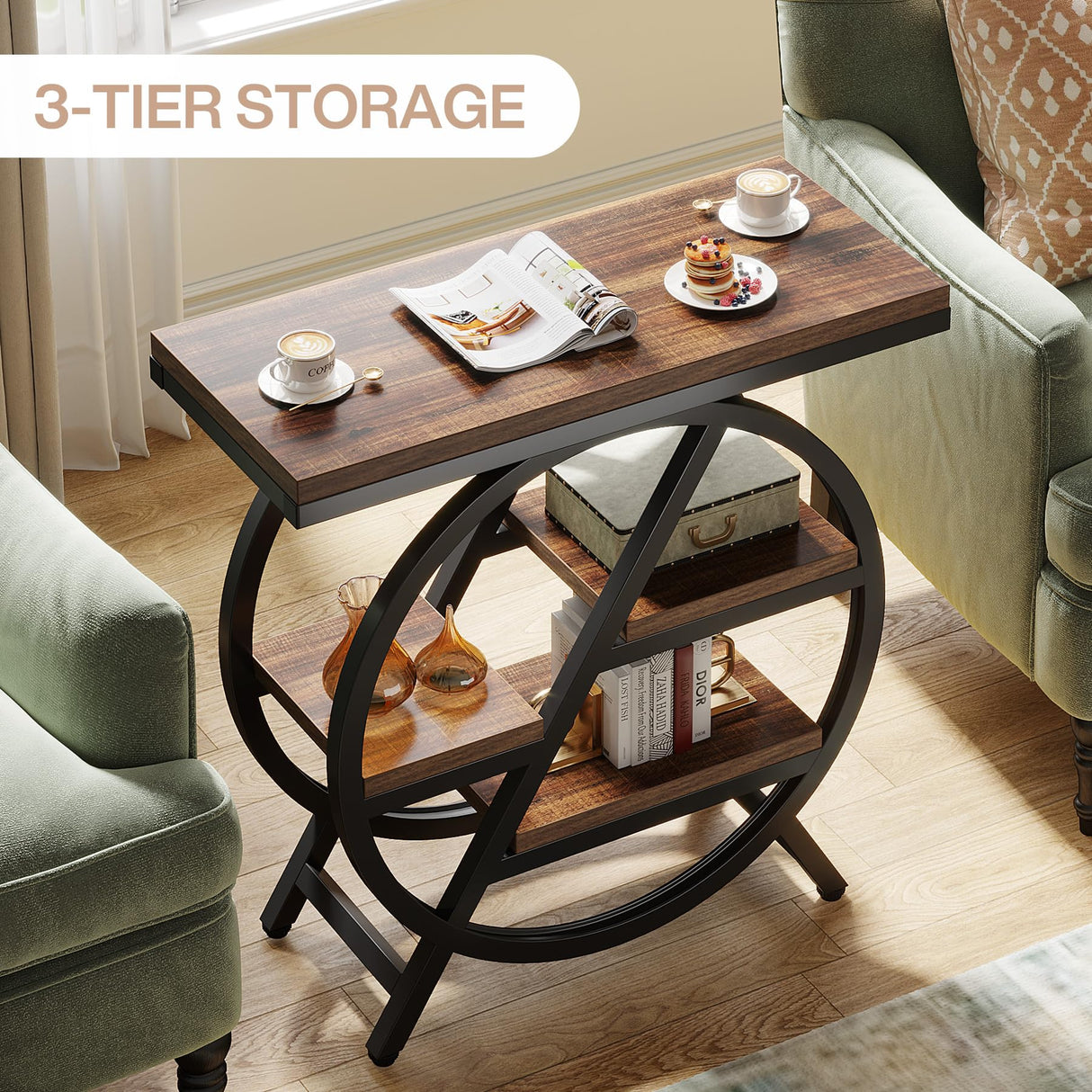 Tribesigns End Table for Living Room, 3-Tier Narrow Side Table with Storage, Wood Sofa Side Table with Geometric Metal Frame, Industrial Nightstand and Bedside Table for Bedroom Tribesigns