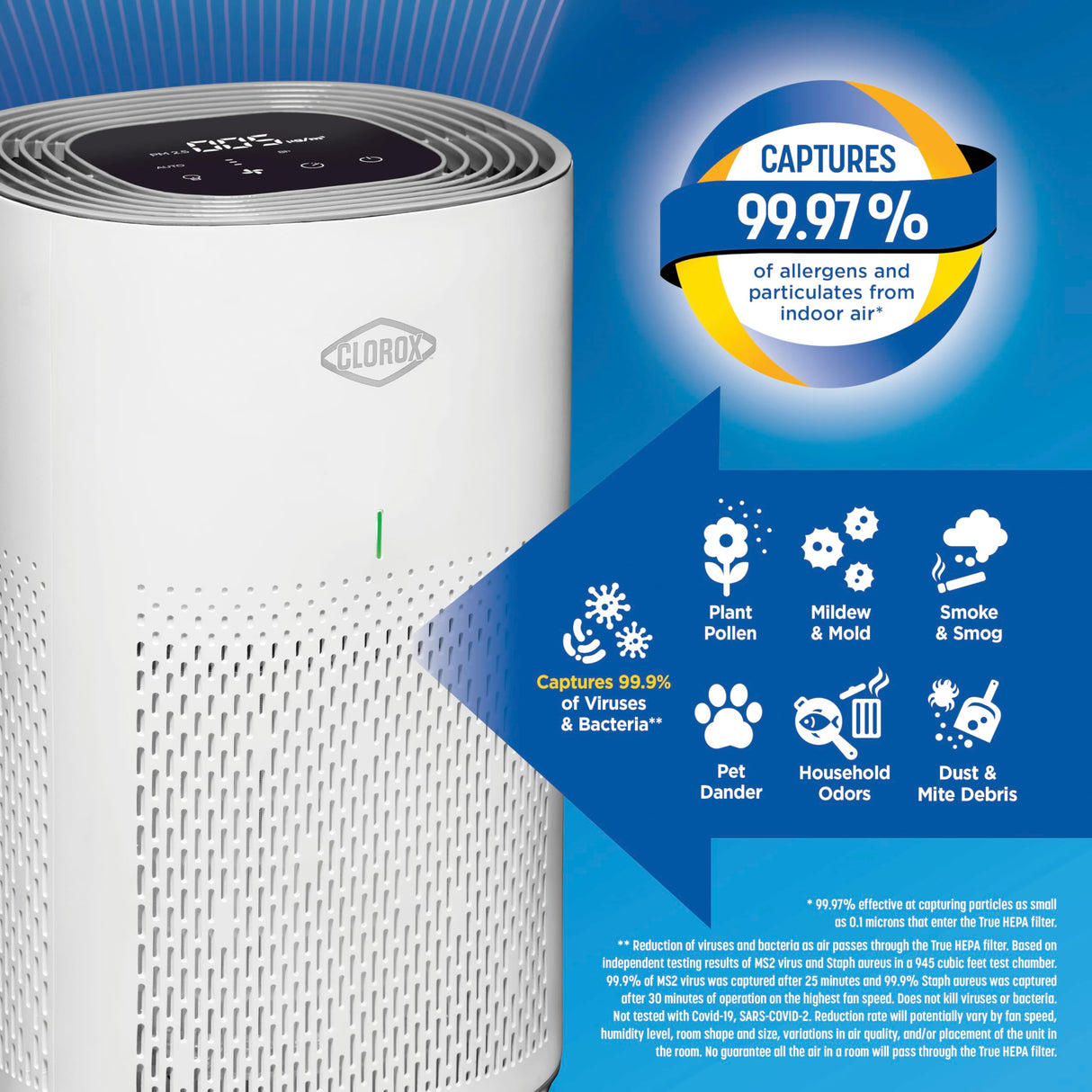 Clorox Air Purifiers for Home, True HEPA Filter, Medium Rooms Up to 1,000 Sq Ft, Removes 99.9% of Mold, Viruses, Wildfire Smoke, Allergens, Pet Allergies, Dust, AUTO Mode, Whisper Quiet Clorox Home Appliances