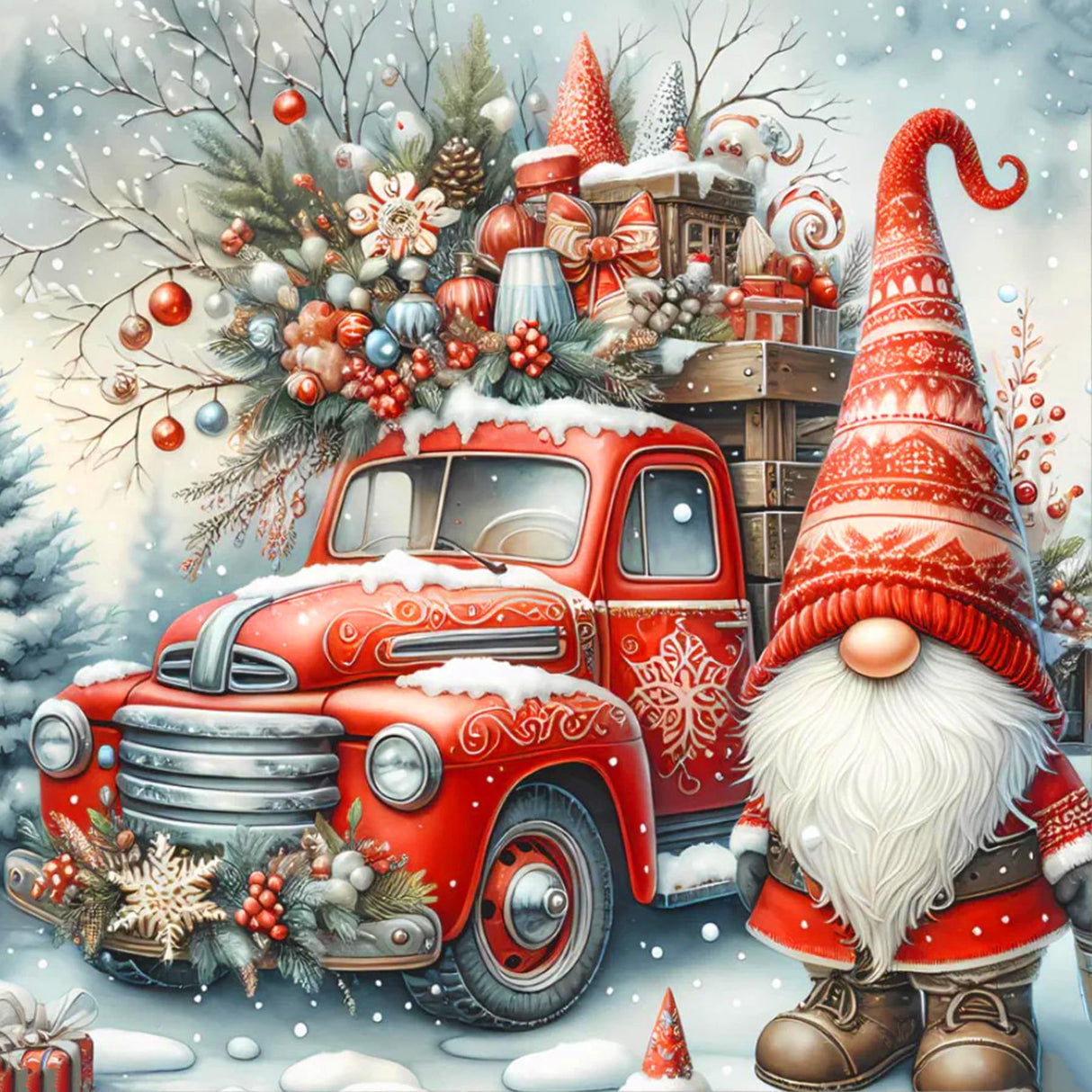 Christmas Truck Diamond Art Kits for Adults - Christmas Gnome Diamond Painting Kits for Adults, 5D Round Full Drill DIY Gem Art Paint by Diamonds 14x14 inch Axquilon
