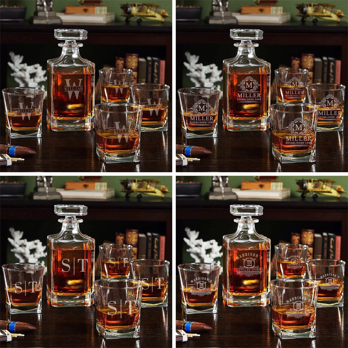 Personalized Whiskey Decanter Set with 4 Glasses and Custom Wood Box - 9 Design Options - Bourbon Glass Set HomeWetBar