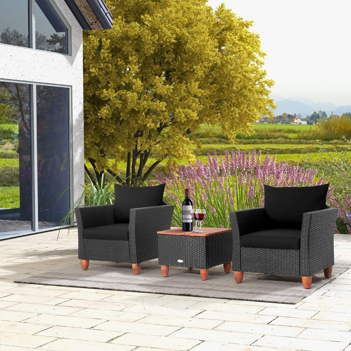 Tangkula 3 Pieces Patio Porch Furniture Set, PE Rattan Wicker Chair Conversation Set with Cushions and Storage Table, Outdoor Acacia Wood Bistro Set for Garden, Poolside (Black) Tangkula