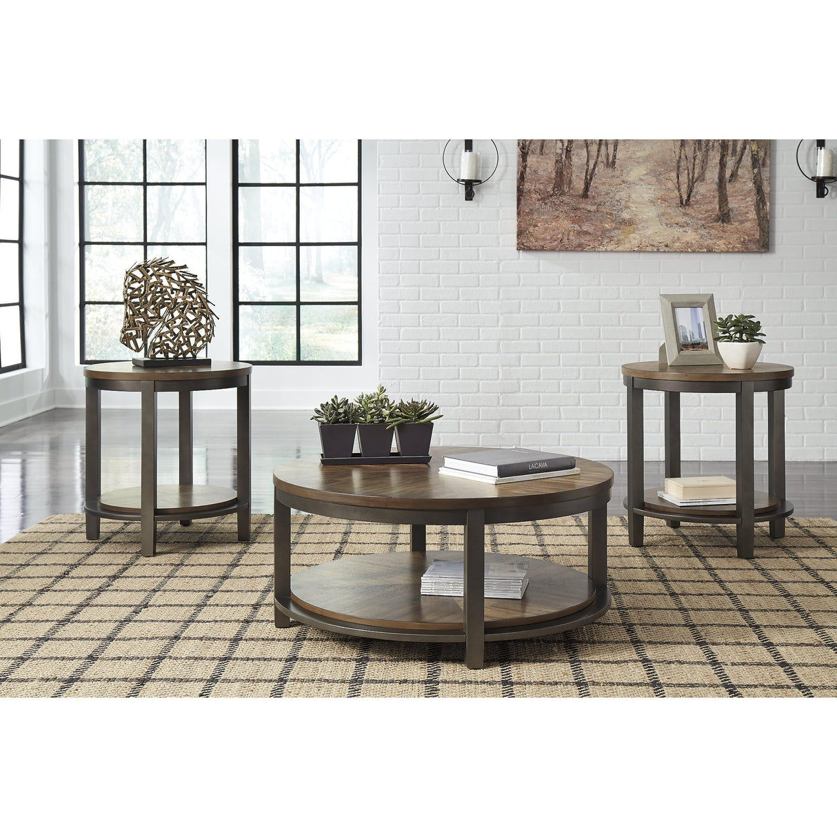 Signature Design by Ashley Roybeck Rustic Round 3-Piece Table Set, Includes 1 Coffee Table and 2 End Tables with Fixed Shelf, Light Brown Signature Design by Ashley