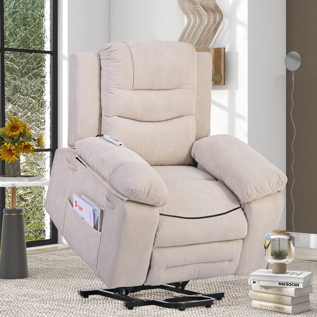 Massage Recliner,Power Lift Chair for Elderly with Adjustable Massage and Heating Function,Recliner Chair with Infinite Position and Side Pocket for Living Room,Beige Merax