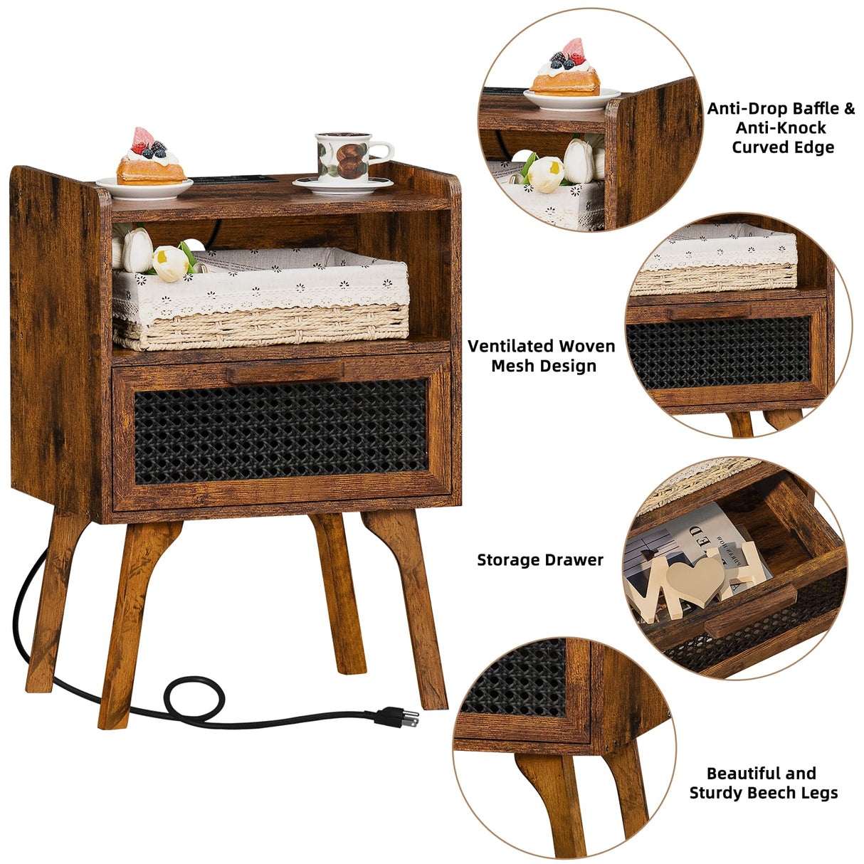 Lerliuo Rattan Nightstands Set of 2 with Charging Station, Boho Side Table with Drawer Open Shelf, Cane Accent Bedside End Table with Solid Wood Legs for Bedroom, Dorm and Small Spaces (Brown) Lerliuo