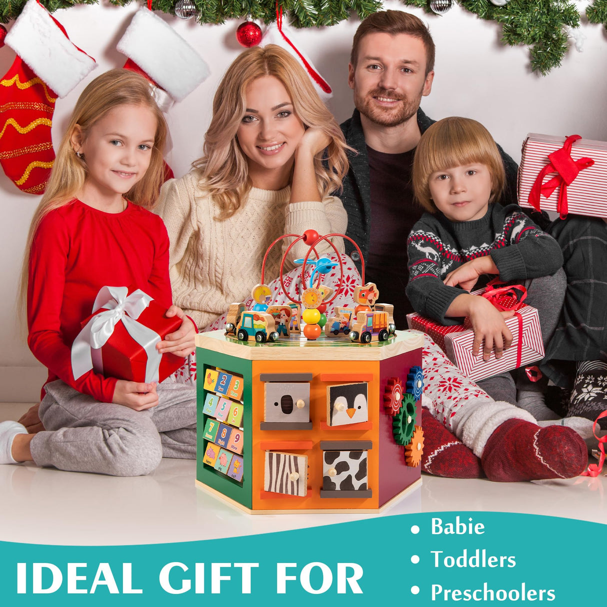 WOODMAM Large Activity Cube, 9-in-1 Farm-Themed Wooden Play Center, Multipurpose Montessori Toy for 1-2 Year Old Baby Toddler Kid, First Birthday Gift | Bonus Magnetic Train Cars WOODMAM