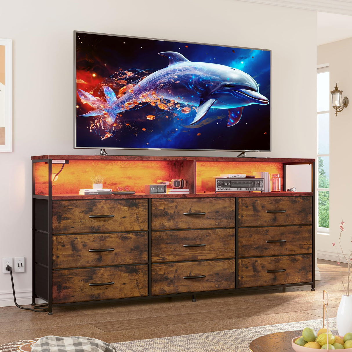 EnHomee 55" W Dresser TV Stand with Power Outlet & LED Lights for 65" TV, Dresser for Bedroom with 9 Fabric Drawers, TV Stand for Bedroom Long Dressers Console Table 55''W*11.8''*35.5'', Rustic Brown EnHomee