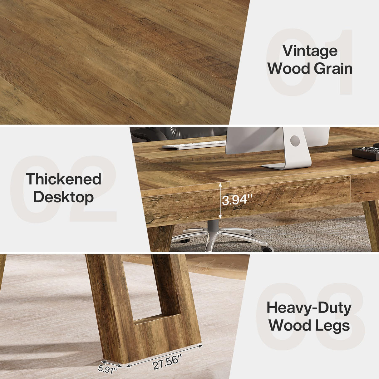 Tribesigns 63 Inches Wood Executive Desk, Large Home Office Computer Desk with Double Pedestal, Industrial Study Writing Table, Business Workstation for PC Laptop, Rustic Brown Tribesigns