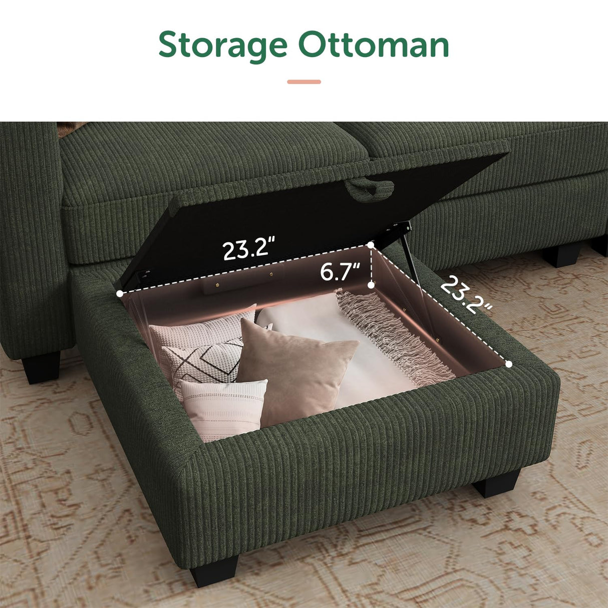 HONBAY Corduroy Sectional Couch with Storage U Shaped Sectional Sofa Modular Sectional Couches for Living Room, Green HONBAY