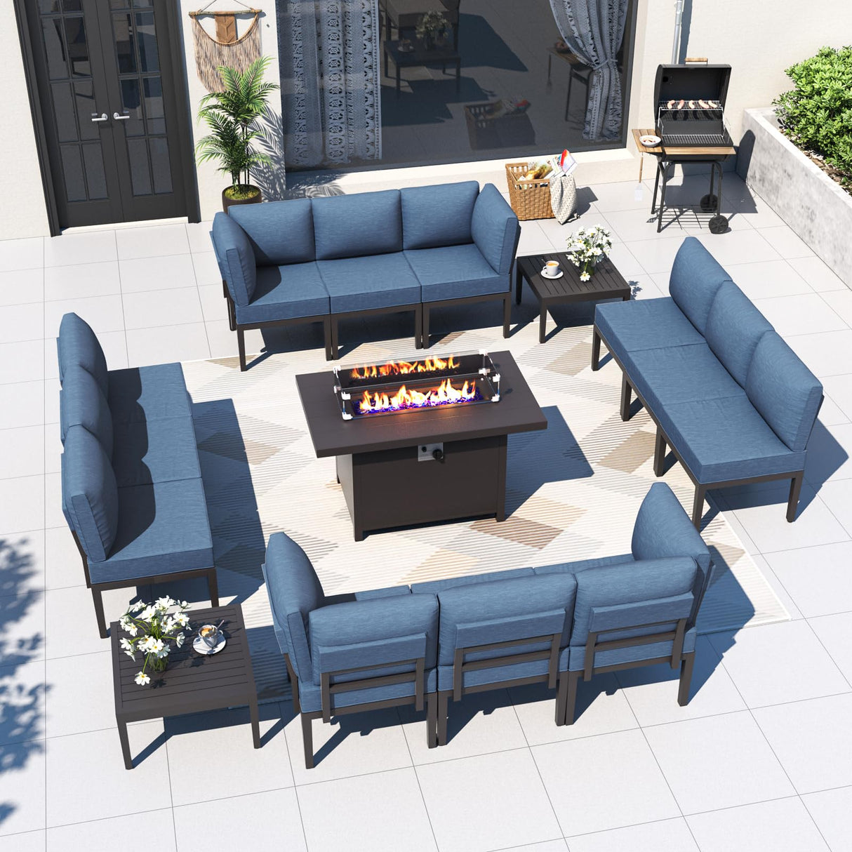 Kurapika 15 Pieces Metal Patio Furniture Set Modern Metal Outdoor Conversation Sets w/45in Propane Fire Pit Table, Patio Sectional Sofa w/5 Inch Cushion, Navy Blue Kurapika