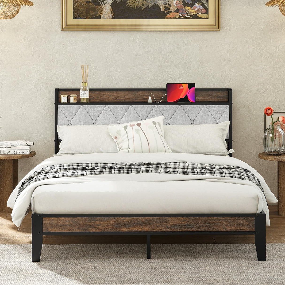 Sweetcrispy Queen Bed Frame with Headboard, Storage Headboard with USB Charging Station, Durable Squeak-Free Frame, Simple No-Tool Assembly,Works with Queen Mattress No Box Spring Needed Sweetcrispy