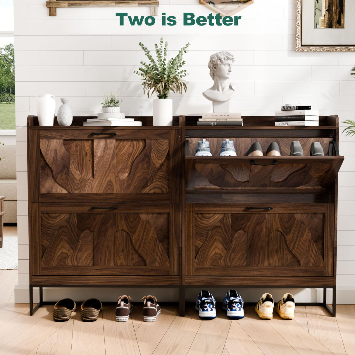 infurnic Shoe Storage Cabinet with 2 Flip Drawers, Narrow Shoe Cabinet for Entryway, Freestanding Organizer Shoe Rack Cabinet for Front Door Entrance Hallway Foyer, Walnut infurnic