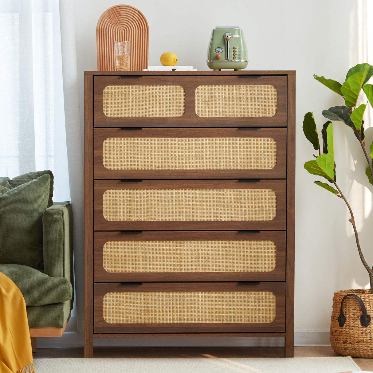 LEVNARY 5 Drawer Chest Dresser, Rattan Tall Dresser 5 Chest of Drawers for Bedroom, Wood Storage Cane Cabinet with Metal Handles, for Living Room, Hallway, Nursery (Walnut) LEVNARY