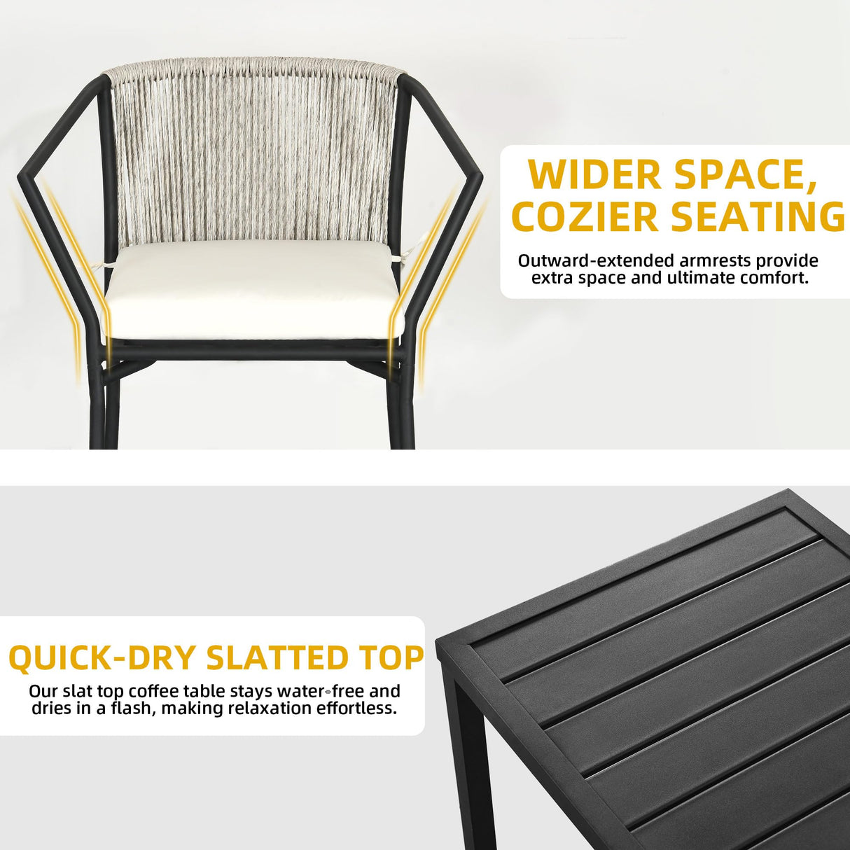 DWVO 3 Pieces Patio Set Wicker Furniture Outdoor Table and Chairs Rattan Chair Conversation Sets with Cushions & Coffee Table for Porch Backyard Poolside Garden, Gray DWVO