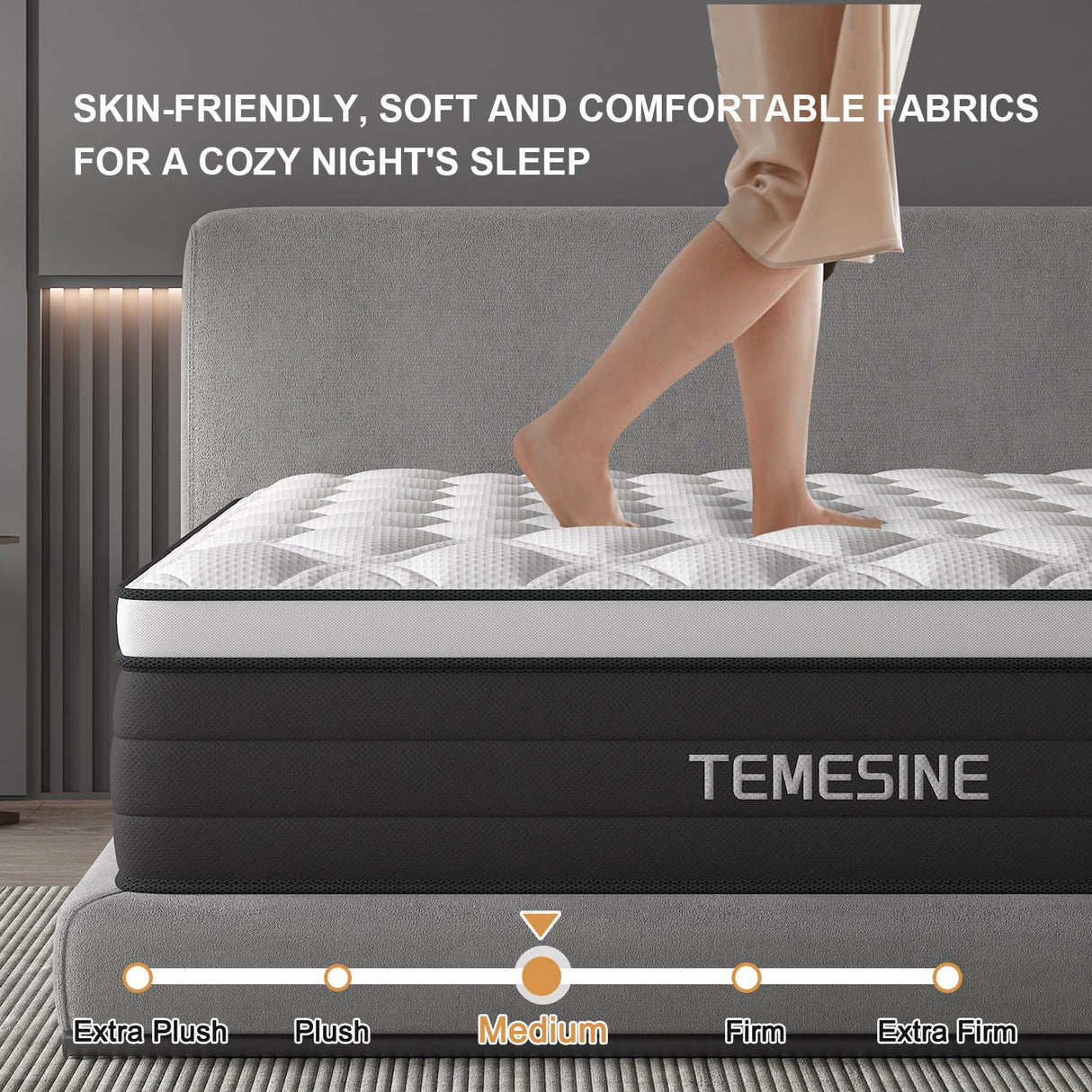Queen Mattress, 14 Inch Hybrid Mattress in a Box with Individual Pocket Spring, Gel Memory Foam and Euro Top, Medium Firm Feel with Motion Isolation, Pressure Relief, Edge Support,Queen Size Black TEMESINE