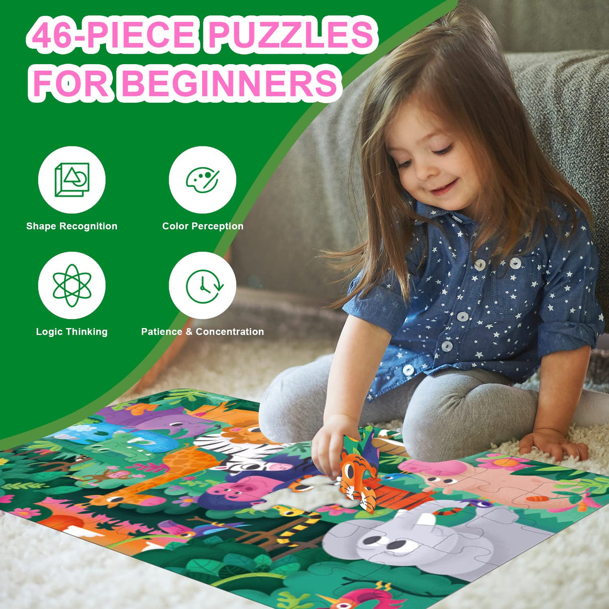 TAOZI&LIZHI Jumbo Jigsaw Puzzles, Jungle Animals, Large Floor Puzzle for Kids Ages 3-5, 4-8, Christmas Toddler Puzzles with Hand-held Gift Box, Preschool Learning & Education Toys(46 pcs, 2 x 3 feet) TAOZI&LIZHI