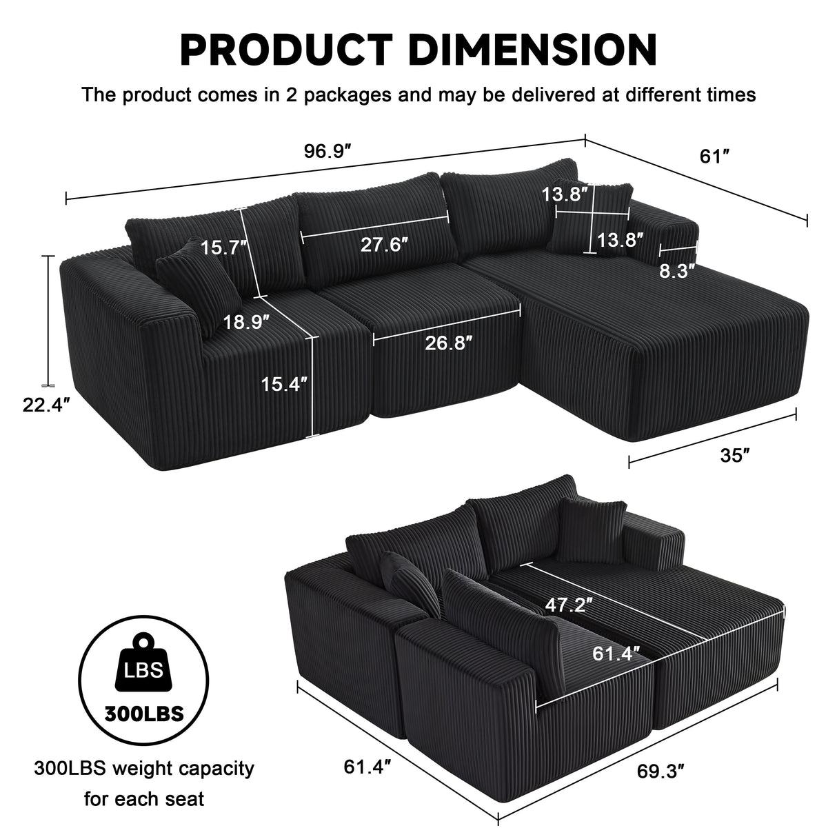 97" Boneless Couches for Living Room, Cloud Couch Sectional with Deep Seat, Comfy Couch with L-Shaped Chaise, Minimalist Upholstered Modular Sectional Sofa, No Assembly Required (Corduroy,Black) Huatean Home