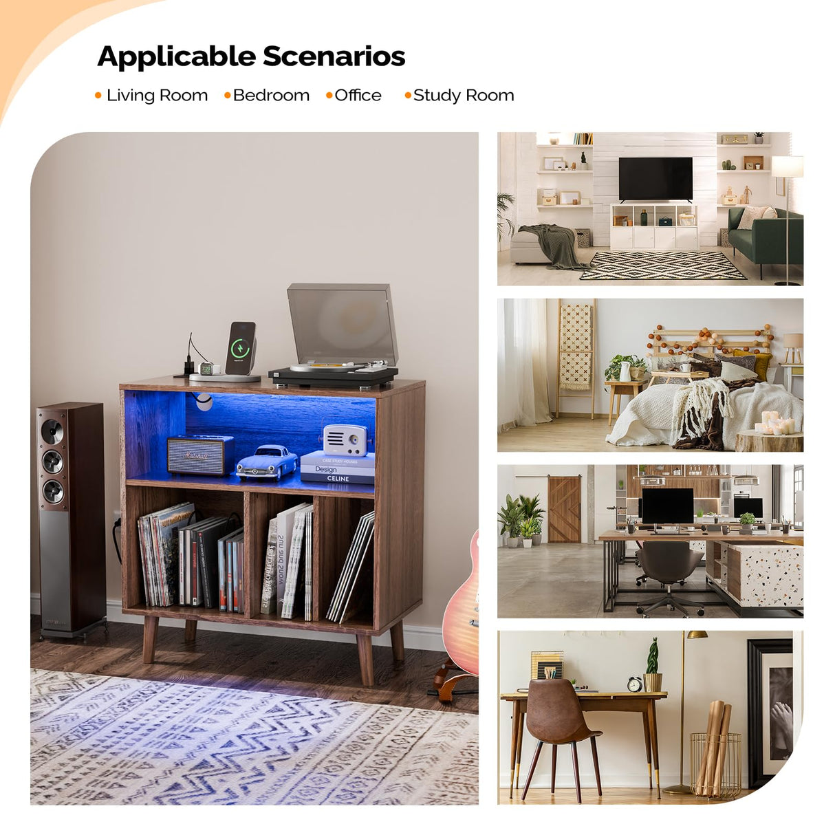 VINGLI Record Player Stand with Open Vinyl Storage, Mid-Century Album Storage Table with LED Light up to 300 Albums, Vinyl Record Player Shelf with Power Outlet for Living Room, Walnut VINGLI