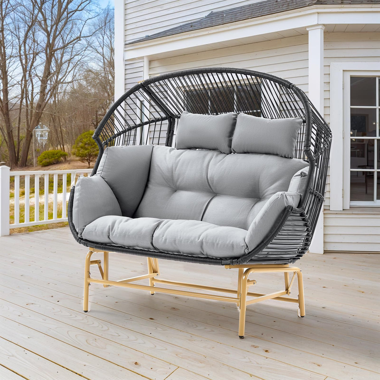 Belord Double Egg Chair Outdoor Glider Loveseat, 550LBS Weight Capacity Wicker Patio Rocking Egg Chairs, Handwoven Rattan Porch Furniture Glider Loveseat for Patio Deck Balcony Sunroom Belord